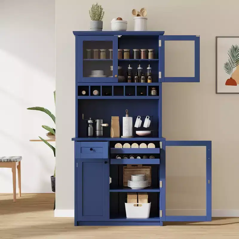 Whisen Freestanding Buffet with Hutch, Tall Kitchen Pantry Storage Cabinet with Wine Rack and Adjustable Shelves