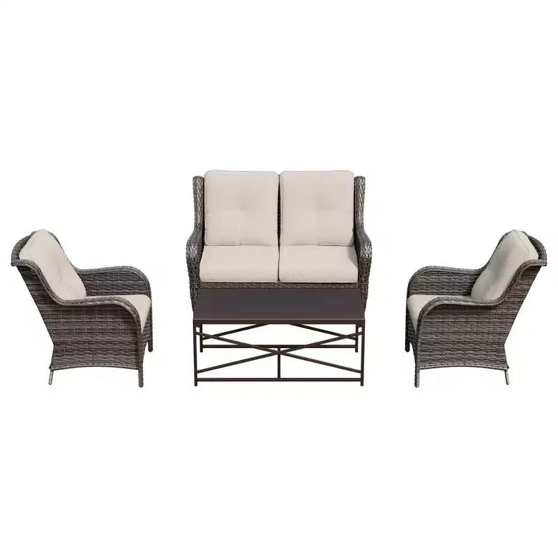 UPTIOT 4-Piece All-Weather Outdoor Lounge Set with Loveseat, Chairs & Tempered Table