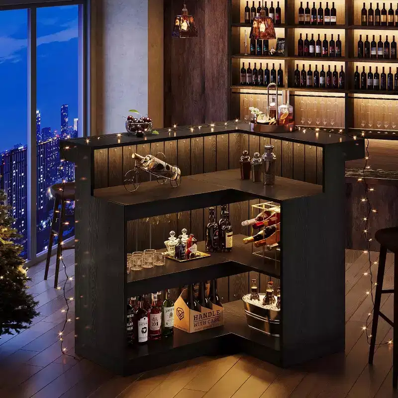 Lantine L-Shaped Home Bar Unit, 4-Tier Corner Liquor Bar Table with Storage Shelves and Wine Glasses Holder for Home Pub
