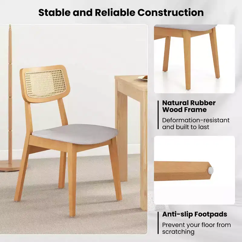 Costway Wooden Rattan Dining Chair Set of 2/4 with Can Back Rubber Wood Frame Padded Seat
