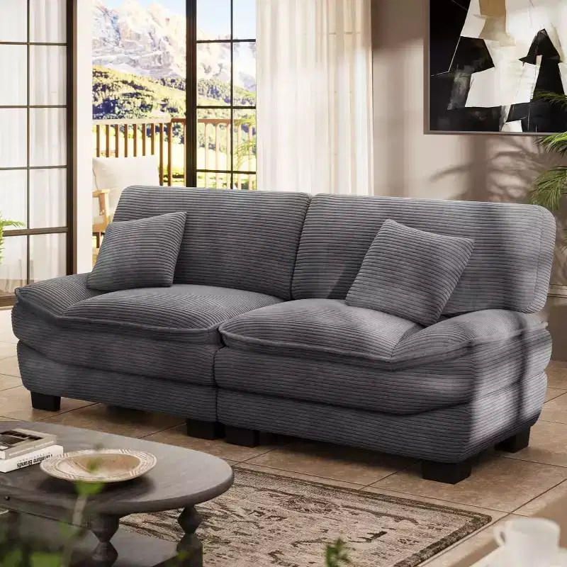 Grey 87 Corduroy Couch with 2 Pillows, Sailboat-Shape Deep Seat Sofa for Living Room, Small Space, Office, Apartment