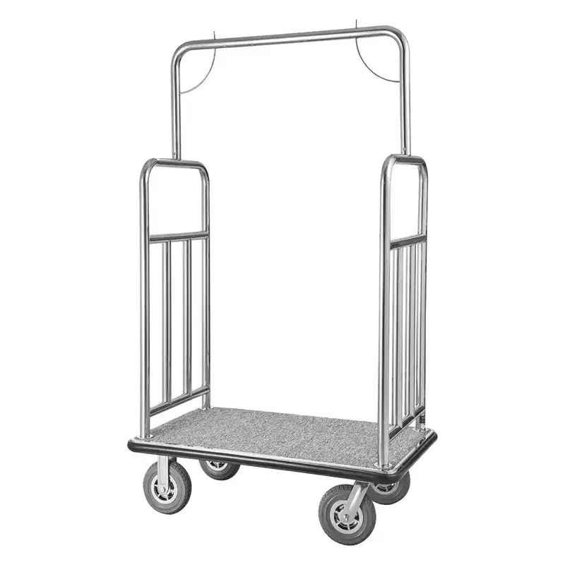 Hotel Luggage Cart, 1200 LBS Load Capacity, Brushed Stainless Steel Finish Bellman's Cart, Valet Cart with Grey Carpeted Deck and 8in, Silver