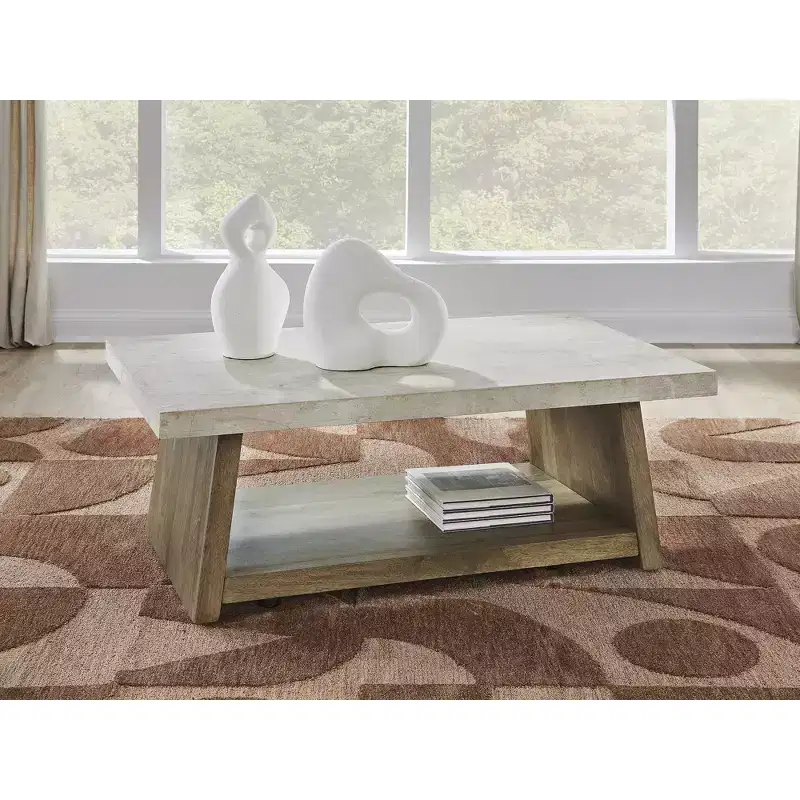 Signature Design by Ashley Brendalhouse Coffee Table - Light Brown Wood with Faux Cement Top, Rolling Casters, Bottom Shelf Storage