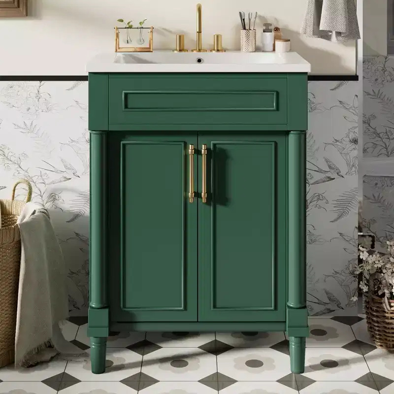 24 Bathroom Vanity with Ceramic Sink, Shaker Cabinet, 2 Soft-Close Doors, Solid Wood Frame for Small Bathroom or Powder Room