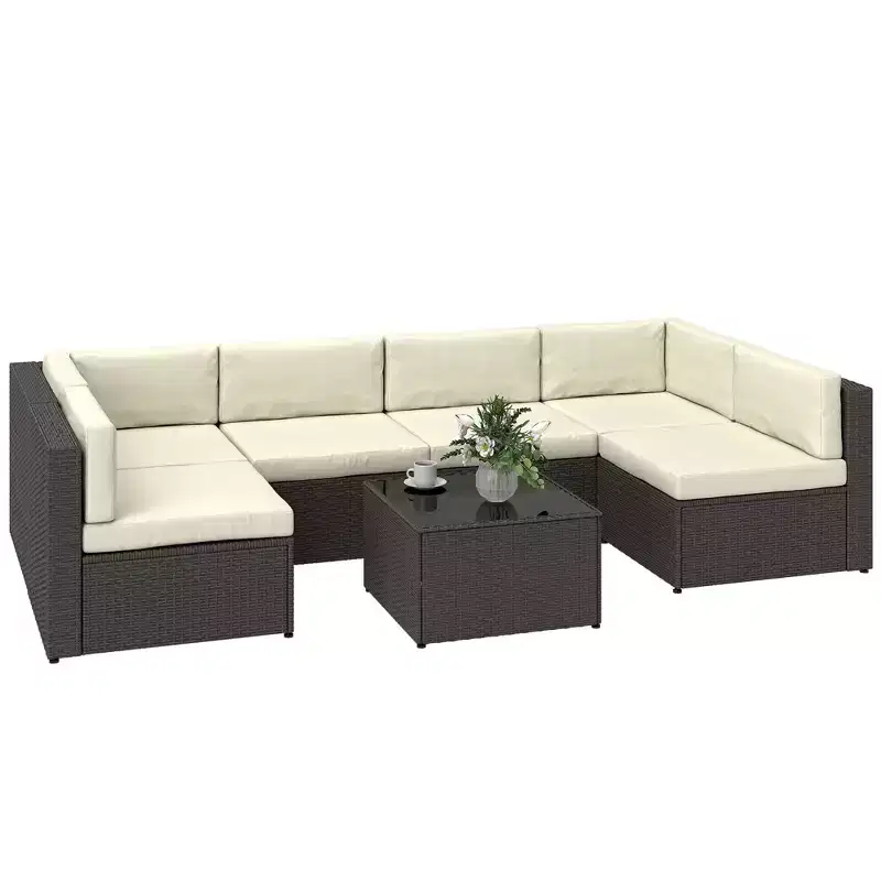 Outsunny 7 Piece Patio Furniture Set, All Weather PE Rattan Outdoor Furniture Conversation Sets with Cushions, Glass Top Coffee Table