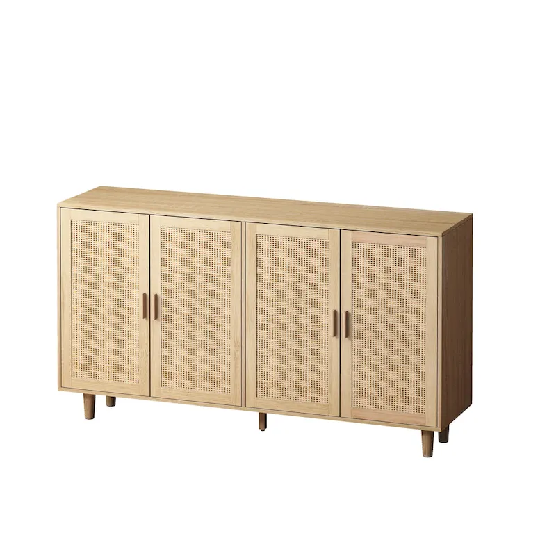 Natural 4-Door Rattan Storage Cabinet with Wood Legs – 1 Person Assembly