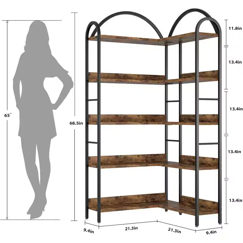 Acekool Industrial L-Shaped Corner Bookshelf - 5-Tier Arched Display Shelf with Metal Frame