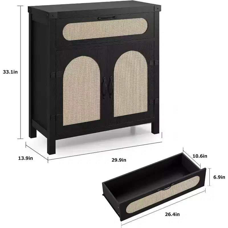 Black/Natural Rattan Door Sideboard with Drawer & Adjustable Shelf, 1-Person Assembly