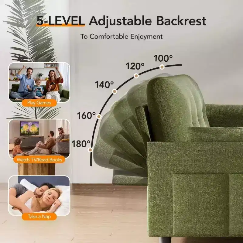 51 Inch 3-in-1 Pull-Out Sleeper Sofa Bed, Convertible Loveseat with Reclining Adjustable Backrest, Chenille Upholstered Couch, Side Pocket