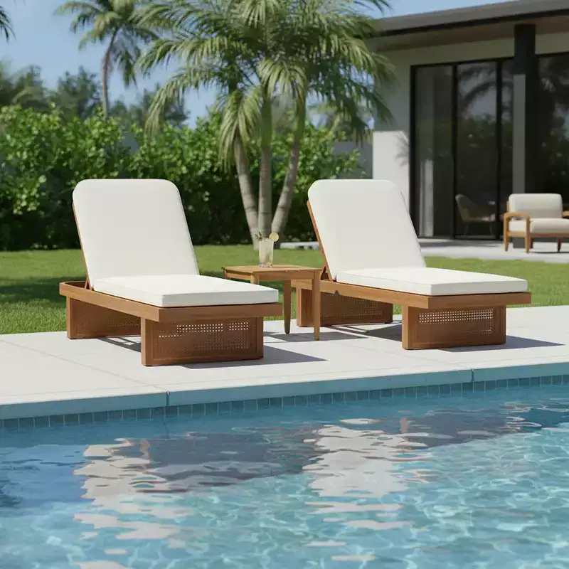 Christopher Knight Home Berenice Patio 3 Piece Acacia Wood Rattan Sunlounge Set with Cushion and Slatted Table