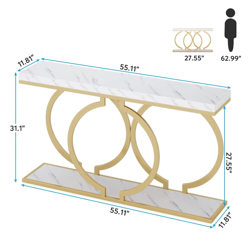 Gold Console Table, 55 inch Faux Marble Entryway Table Narrow Long Sofa Table