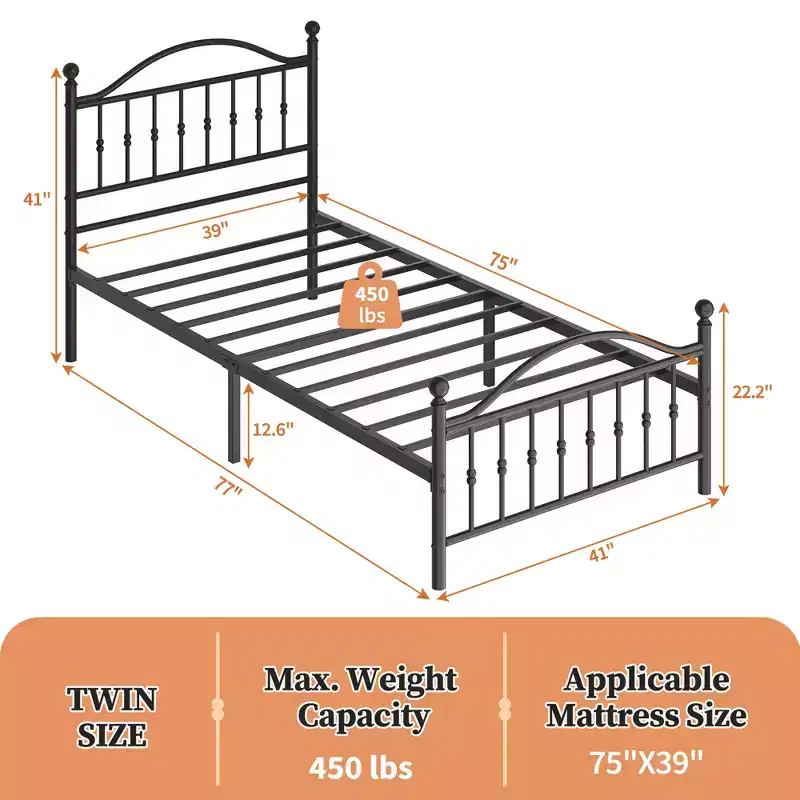 Metal Platform Bed Frame, Victorian Vintage Headboard & Footboard, Noise-Free Mattress Foundation with Steel Slat Support, No Box Spring Needed