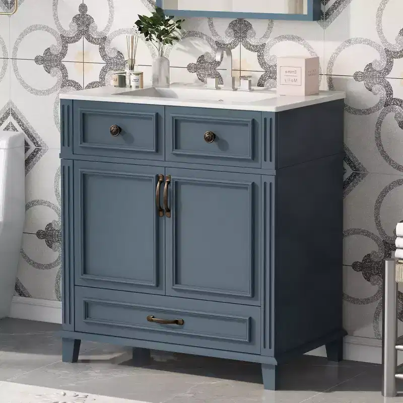 JVNOXK 30 Retro Freestanding Bathroom Vanity with Ceramic Sink, Blue Solid Wood Storage Cabinet with Soft Closing Doors for Powder Room