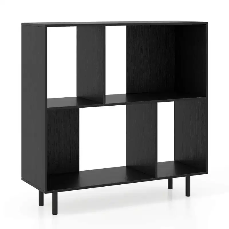 Black/Natural/White Mid-Century Modern 4-Cube Open Bookshelf, Single