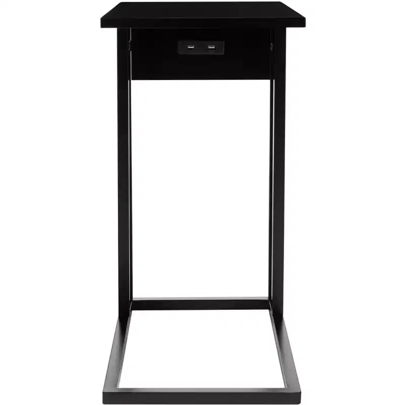 Black Iron C-Shape Side Table with USB Ports