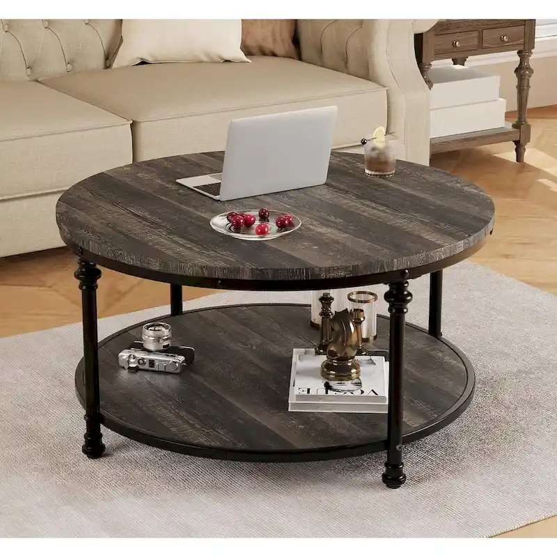 Round Coffee Table with 2-Tier Shelf, 30.31