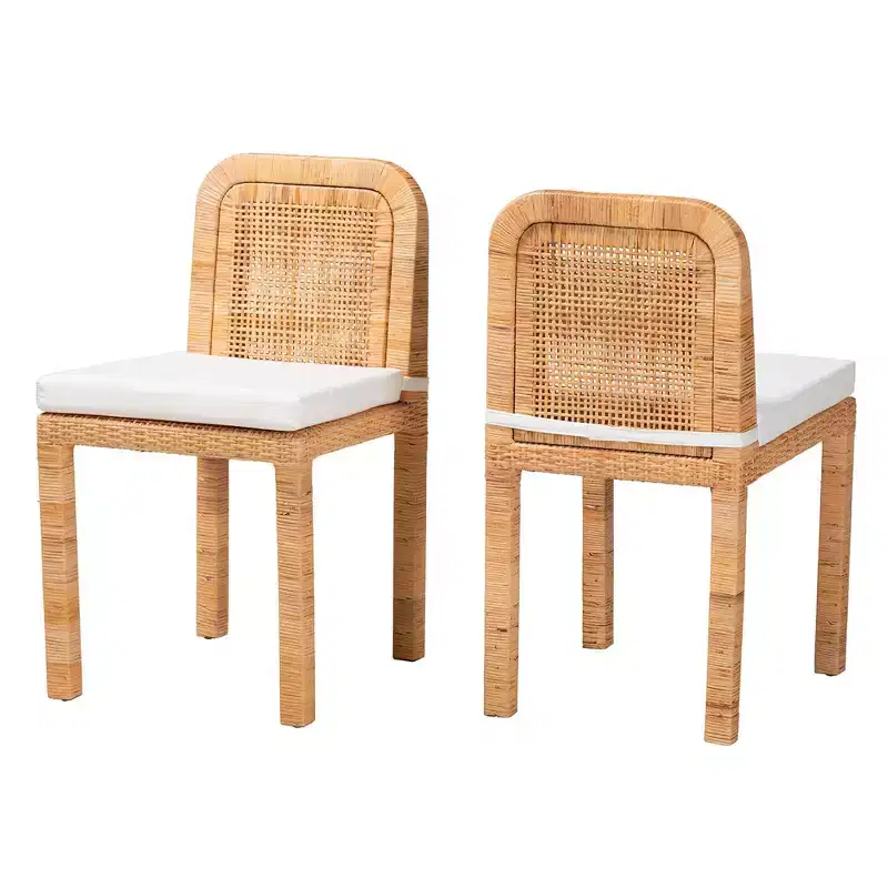 Rattan And Mahogany Wood Dining Chairs White/Natural Brown - Handcrafted, Cushioned, No Assembly Required