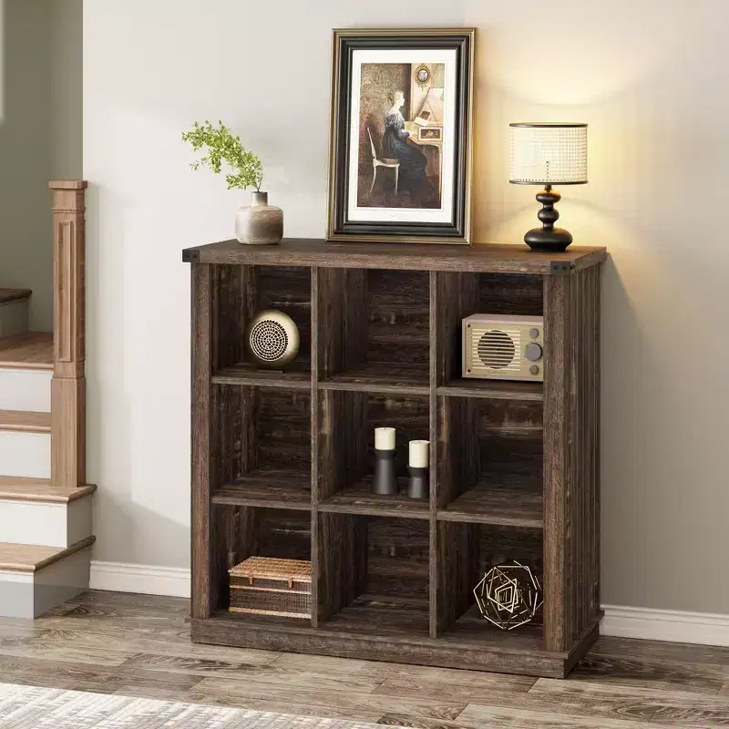 9 Cube Storage Organizer Bookshelf, 4 Tier Farmhouse Horizontal Bookcase, 37.4 Inch Wood Storage Bookcase for Entryway, Long Low Bookshelves
