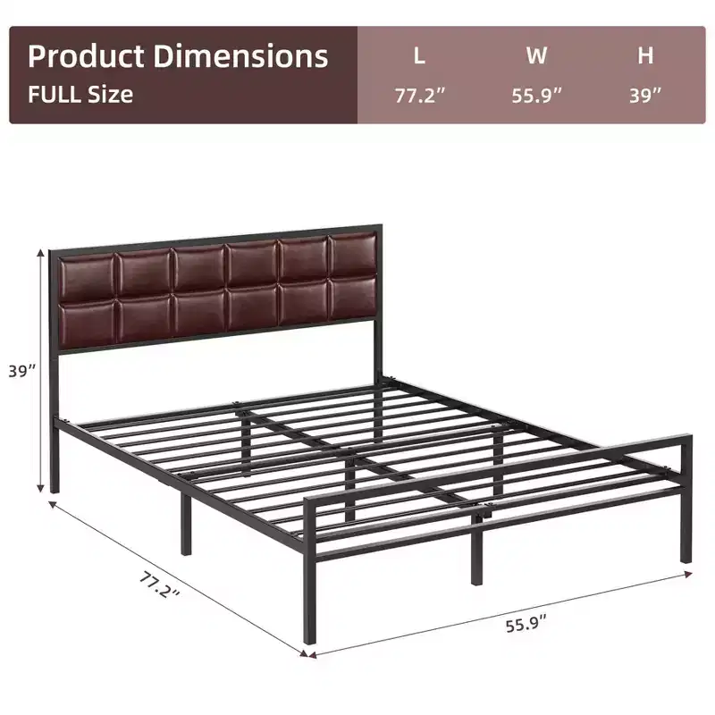 A+ Faux Leather Platform Bed Frame with Upholstered Square Stitched Headboard