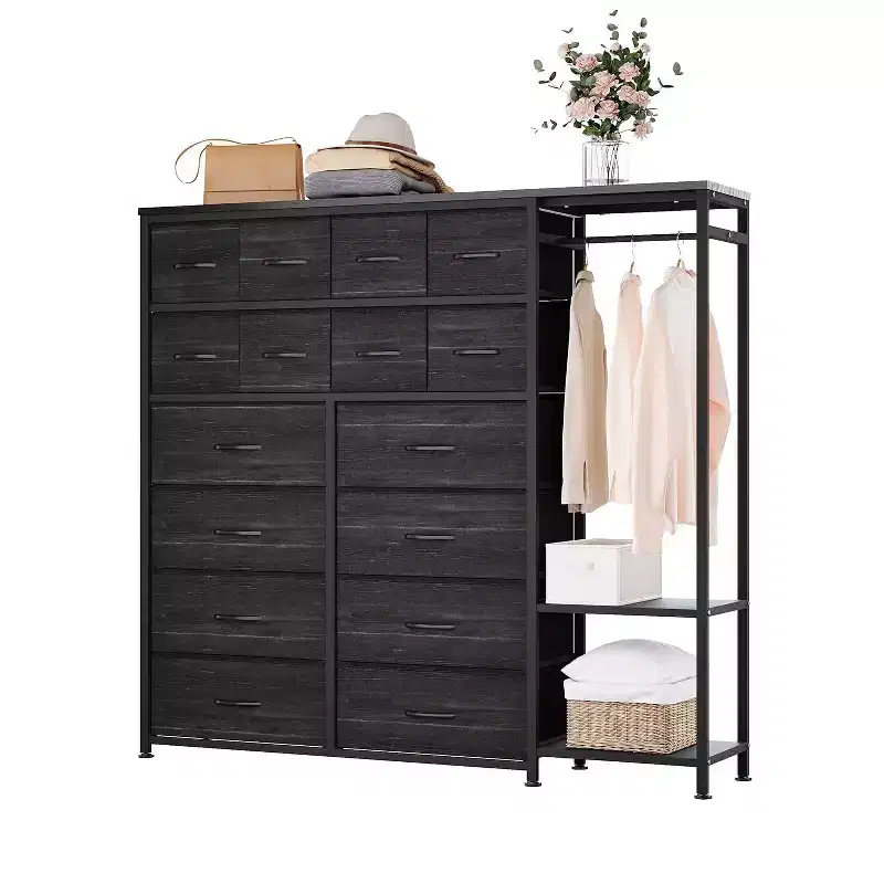16 Drawers Dresser for Bedroom, Clothes Storage Organizer with Hanging Rack, 51 Tall Chest of Drawers with Fabric Bins, Large Closet Dresser