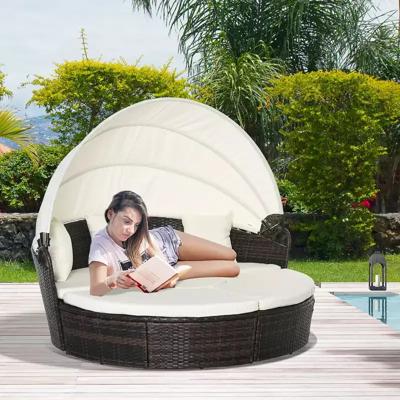 Outsunny Round Daybed, 4-piece Cushioned Outdoor Rattan Wicker Sunbed or Conversational Sofa Set with Sun Canopy