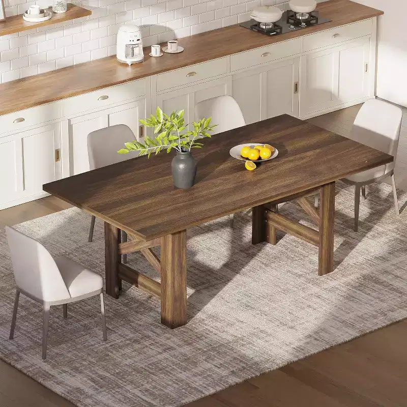 71 Large Dining Table for 6-8, Farmhouse Wooden Kitchen Table with Sturdy Triangular Legs, Thick Rectangle Tabletop, Heavy-Duty Base for Dining Room
