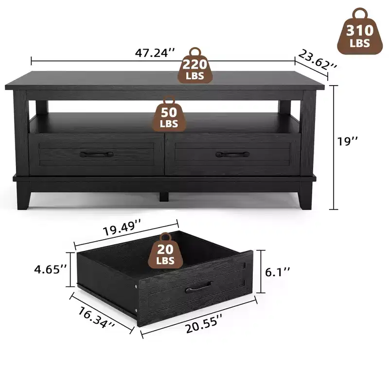 Coffee Table with Drawers and Open Shelf, 47.2 in, Black, 6-Leg Base