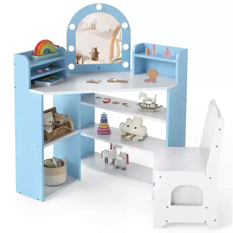 Costway Corner Kids Vanity with Lights, 3 Storage Shelves, 5 Open Compartments, Accessories Pink/Blue + White
