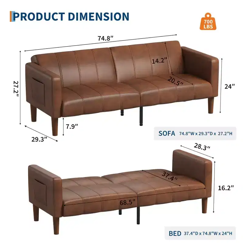 GustoWave 75 Convertible Futon Sofa Bed, PU Leather Loveseat Sofa Bed, Adjustable Backrest, Side Pockets, Space-Saving Sleeper Sofa, Brown