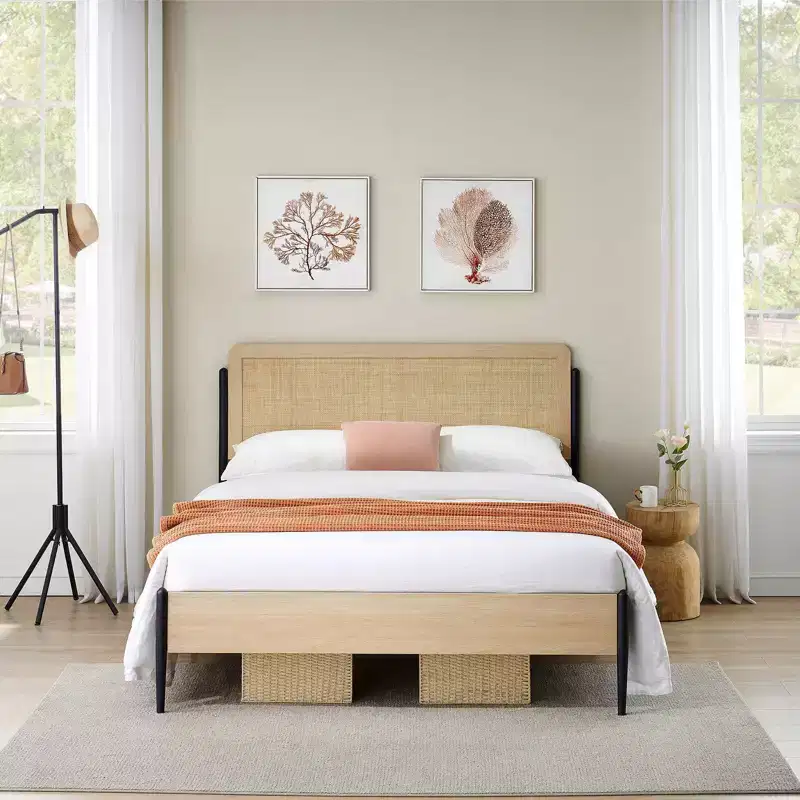 Coolmee Full/Queen Size Bed Frame with Natural Rattan Headboard and Solid Wood Footboard, Bed Frame with Under Bed Storage Space