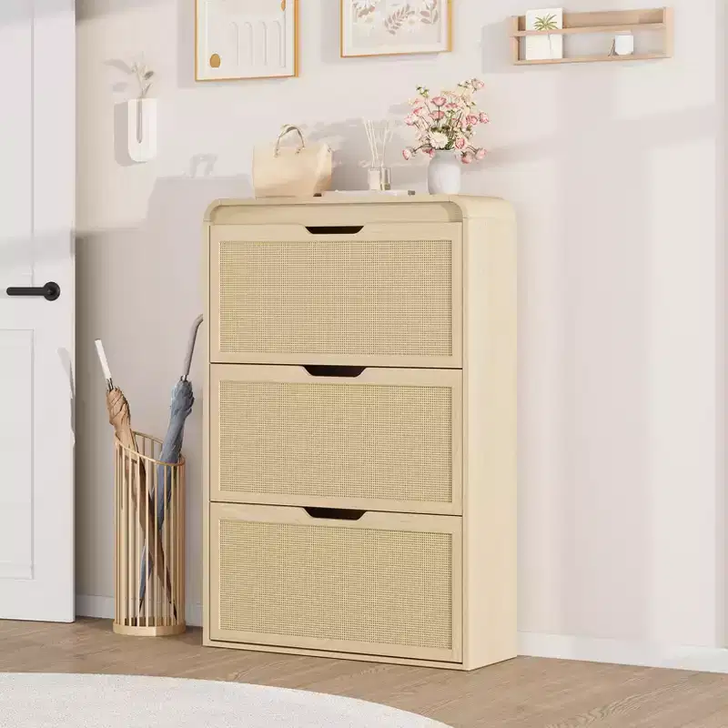 Rattan Shoe Cabinet with 3 Flip Drawers, Slim Narrow Shoe Storage Cabinet for Entryway with Adjustable Shelves
