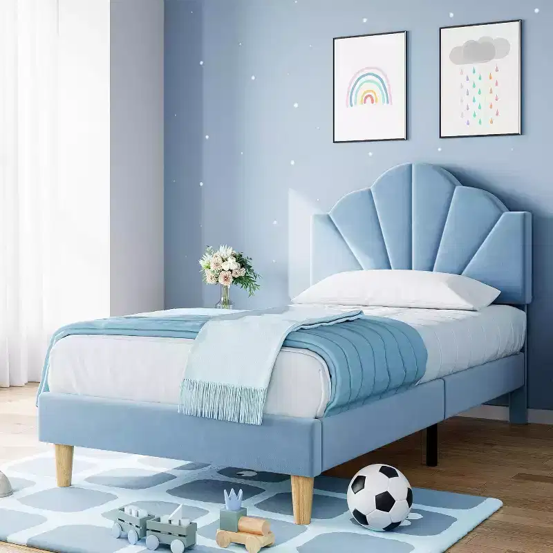 Acekool Twin Bed Frame, Velvet Upholstered Platform Bed with Adjustable Headboard, Wood Slats, Easy Assembly, No Box Spring, Light Blue