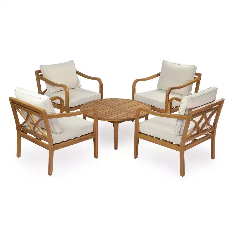 Christopher Knight Home Salma Modern 5 Piece Acacia Wood Patio Seating Set with Slatted Table and Cushion