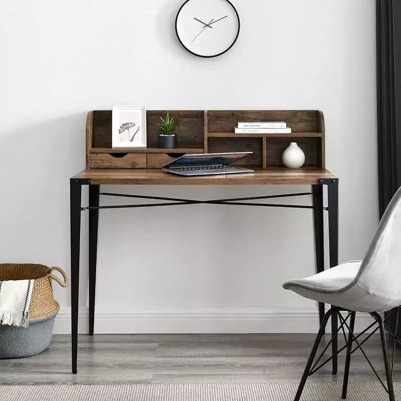 Industrial Secretary Desk with Hutch & Multi-Storage Cubbies, Walnut, 42in