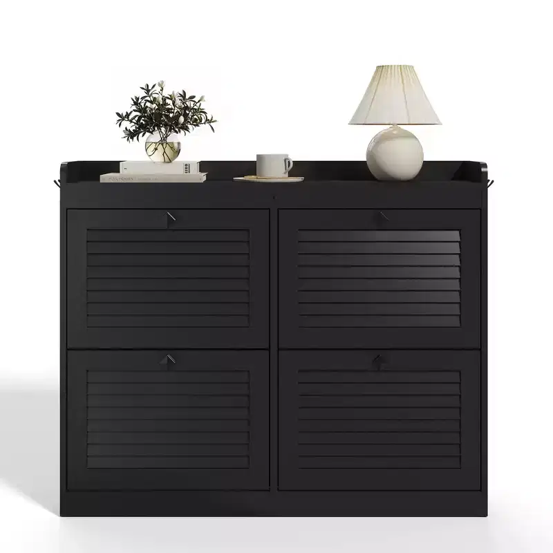 Large Shoe Storage Cabinet with 4 Flip Drawers, Hooks and Top Shelf - Hidden Shoe Organizer for Foyer, Hallway, Living Room
