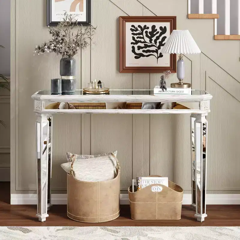 48IN Vintage Console Table with Wood Grain Carving, Accent Table with Mirror Surface, Hallway Table for Living Room, Entryway