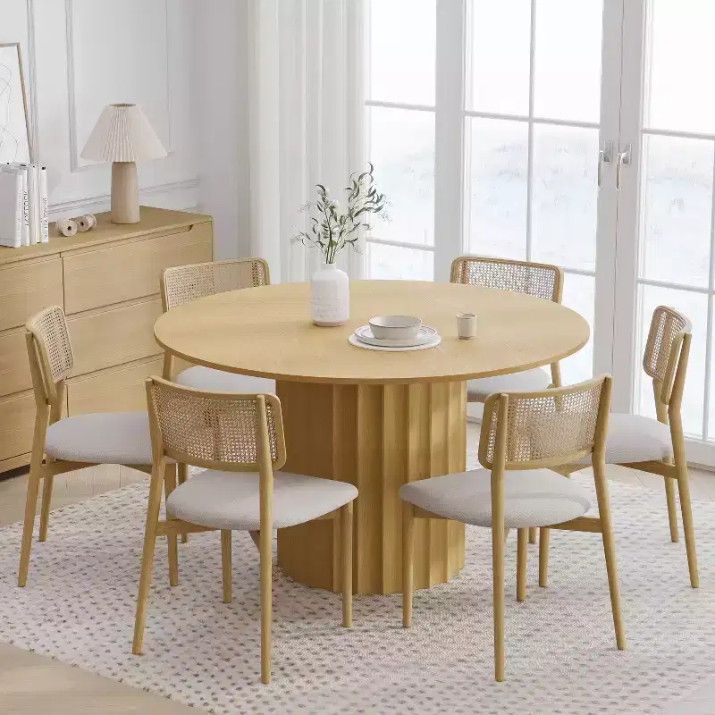 PexFix 52 Solid Wood Round Dining Table Kitchen Table for 4-6 with Tabletop and Fluted Cylindrical Base for Living/Dining Room Coffee Office Natural
