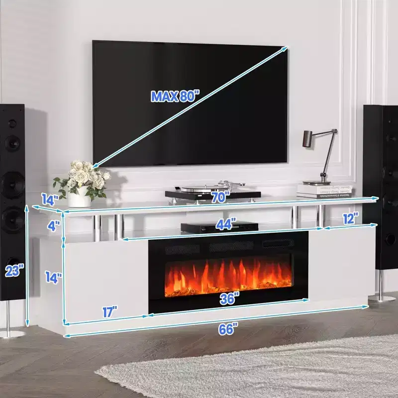 Modern Fireplace TV Stand with Dual Control, 12 Flame Colors, Ember Bed, Ample Storage, Cable Management 70 Media Console for Living Room, White