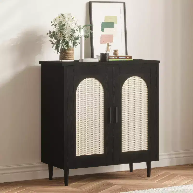 Sideboard Buffet Kitchen Storage Cabinet with Rattan, Solid Wood Feet for Living Room, Hallway