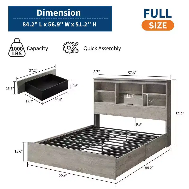 Full/Queen Size Bed Frame with High Storage Bookcase Headboard, Wood Bed Frame with 4 Storage Drawers, Built in Charging Station
