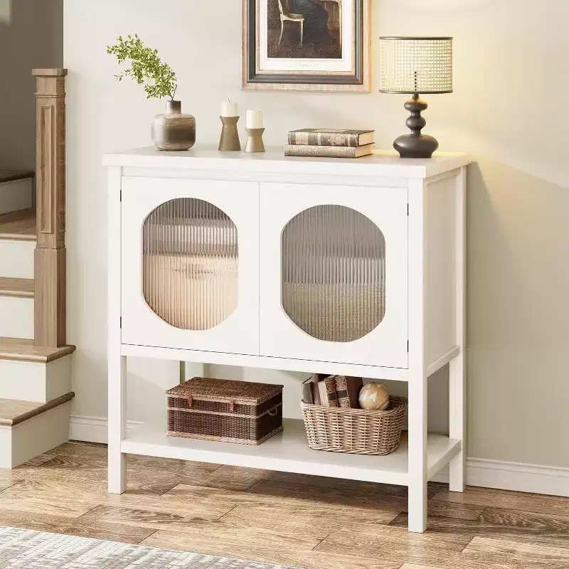 Storage Cabinet with 2 Reeded Glass Doors and Storage Shelf, Buffet Sideboard for Kitchen, Hallway, Dining Room, Living Room - White