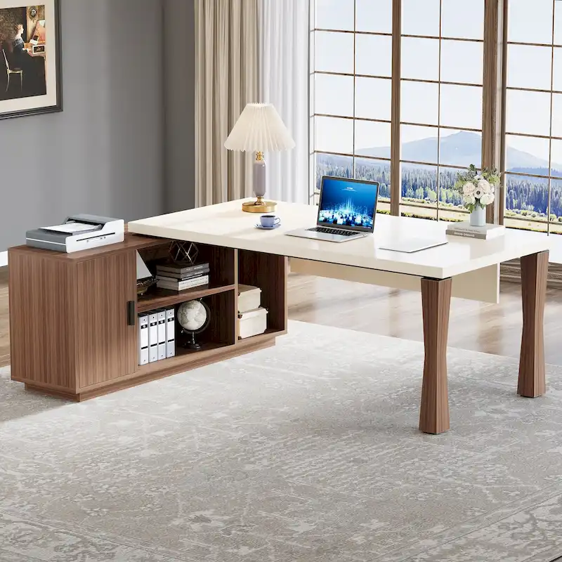 Modern 71-Inch Executive Desk, L-Shaped Desk with Storage Shelves and Cabinet, Large Office Desk Business Furniture Set