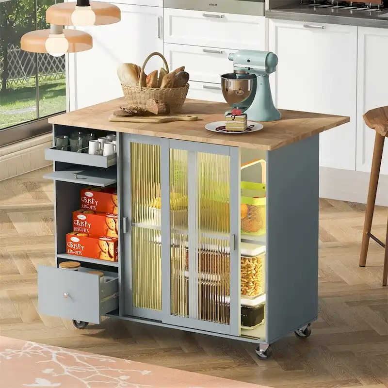 Large Kitchen Island Cart with an Adjustable Shelf and 2 Drawers