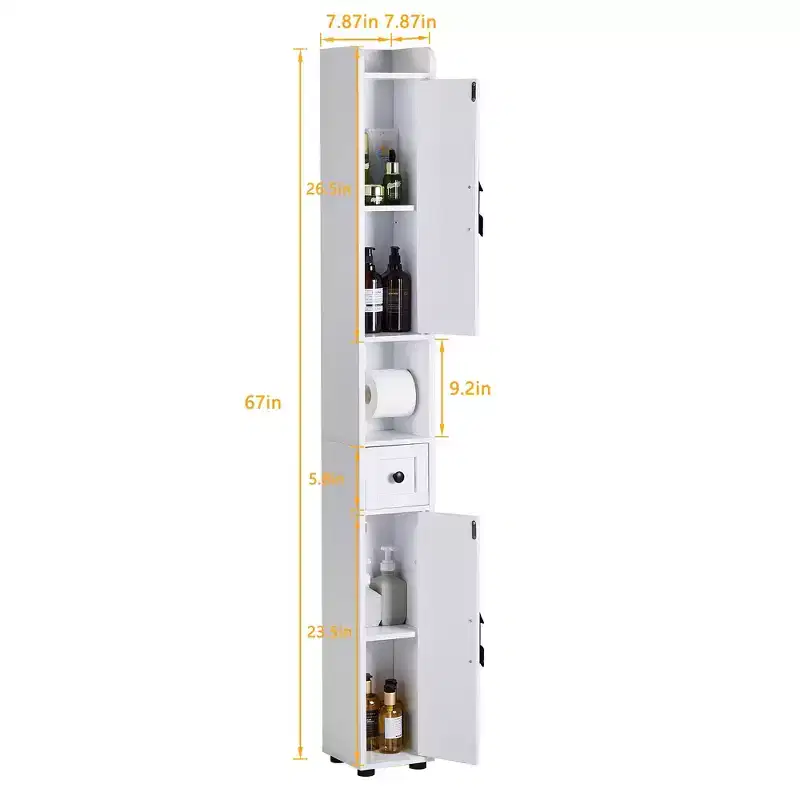 Tall Slim Bathroom Storage Cabinet with 2 Doors & Drawer – White