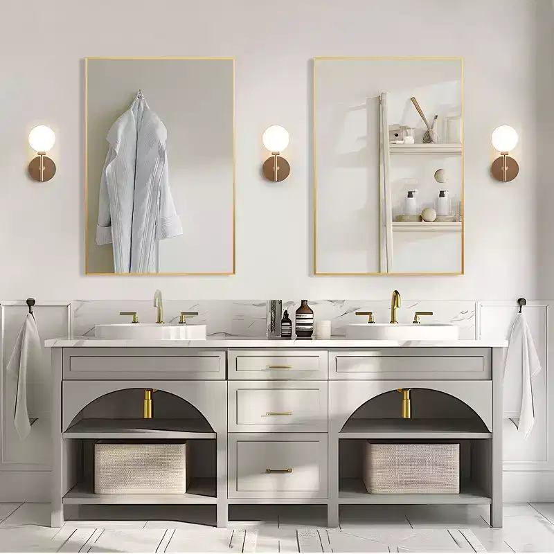 Thin-Frame Gold-Coated Aluminum Rectangular Wall Mirror with Right Angle Design