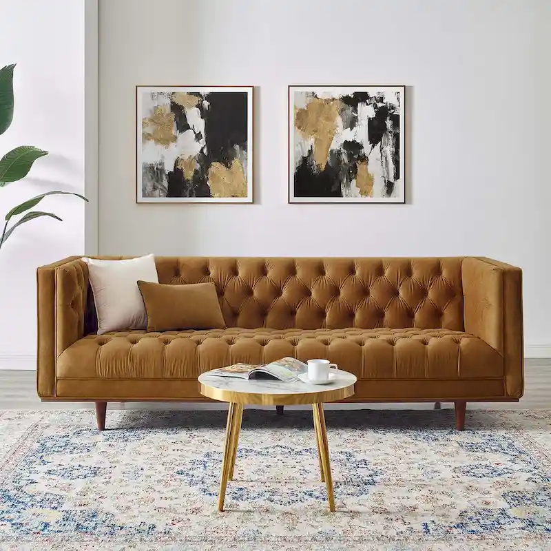 Tufted Performance Velvet Sofa | Diamond Button Tufting | Glam Deco Style | Rubberwood Legs | 881 lb Capacity