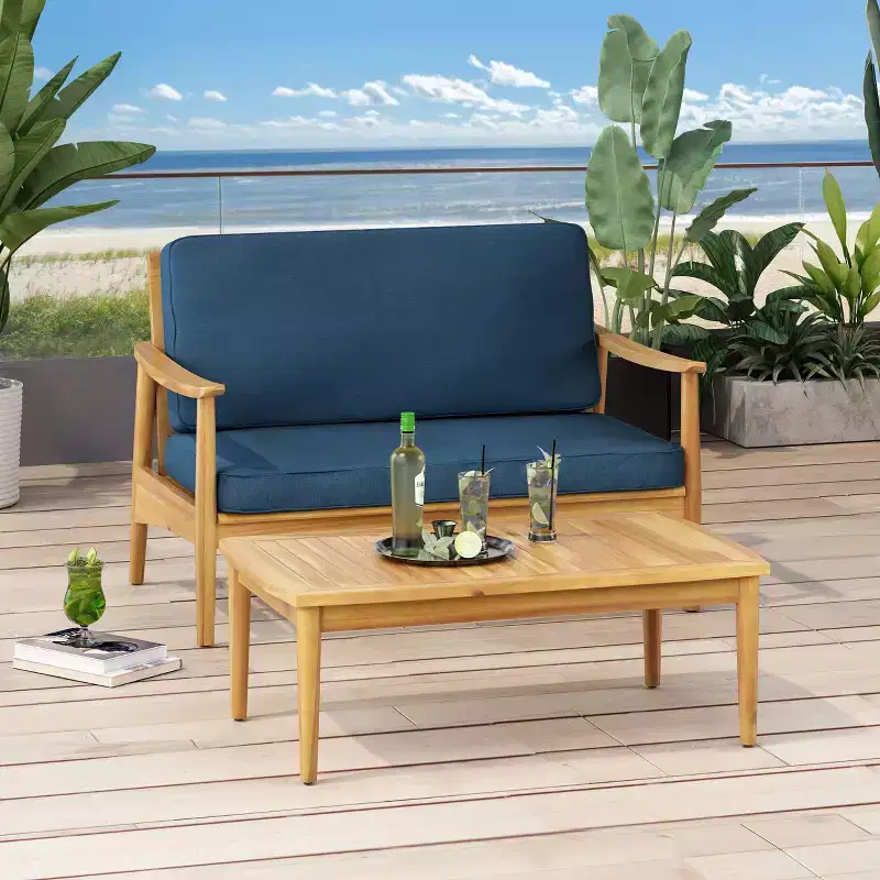 2pc Willowbrook Patio Acacia Wood Loveseat Set with Coffee Table: Outdoor Seating - Christopher Knight Home