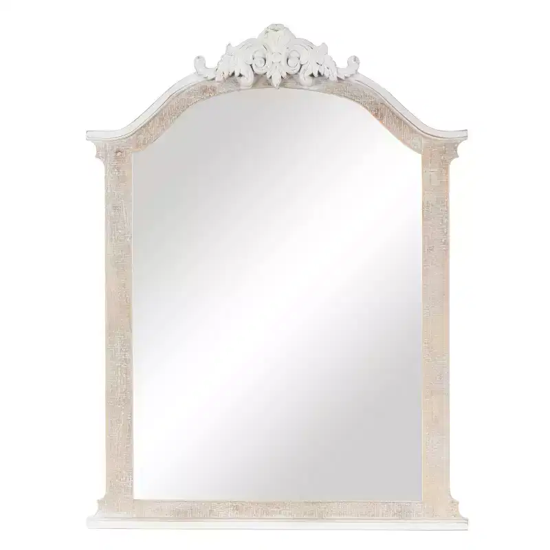 Olivia & May 37x28 Wooden Arched Scroll Wall Mirror with Brown Distressing Cream: No Assembly, Modern Decor