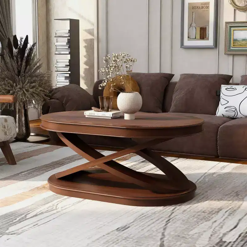 31.5 Modern Oval Coffee Table with X-Shaped Base, Minimalist Wood Veneer Sofa Center Table for Living Room or Home Office-Panipeachy