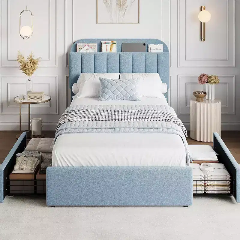 Platform Bed Frame, Faux Fur Upholstered Bed Frame with Storage Headboard, 2 Rolling Drawers